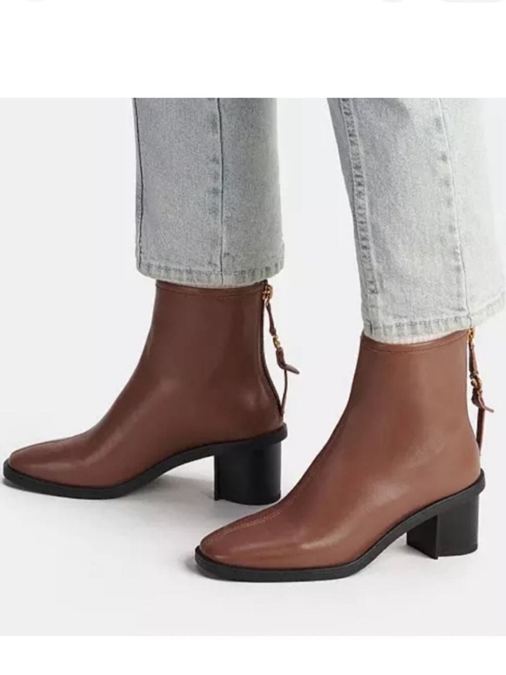 Coach Gabi Saddle Leather Ankle Boots Block Heel Zip Back Size 5.5 NIB